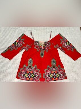 Artelier Nicole Miller Red Orange Paisley Off Shoulder Cold Shoulder Size M